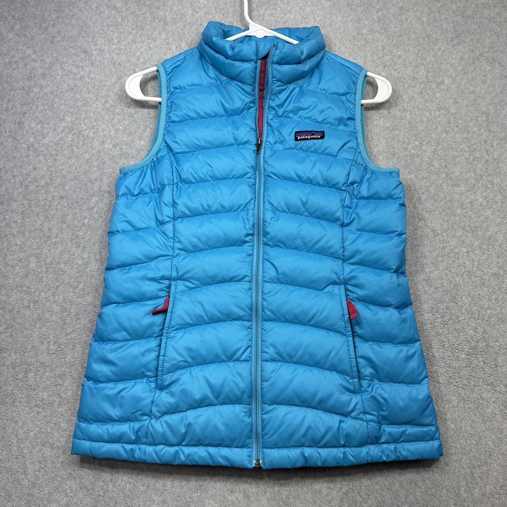 Patagonia Down Sweater Vest Girls XL 14 Blue Quilted Puffer Zip Pockets Outdoor